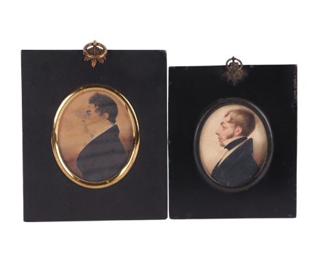 A Regency portrait miniature on paper depicting a young gentleman, glazed and in an ebonised frame; together with another sim