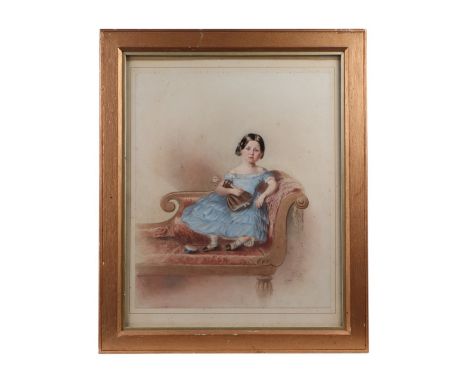 Victorian school - Portrait of Elizabeth Honoria Thorne wearing a red dress, holding a doll and seated on a sofa, watercolour