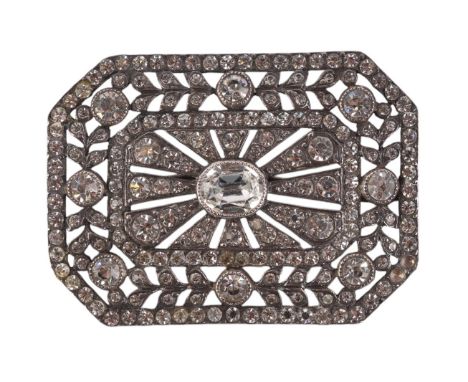 A Victorian paste set silver backed panel brooch, 5.5cms wide.