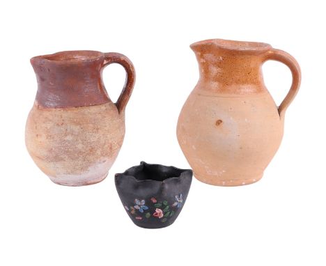 A Verwood Pottery jug with salt glazed decoration, 19cms high; together with another similar, 21cms high; and a glazed terrac