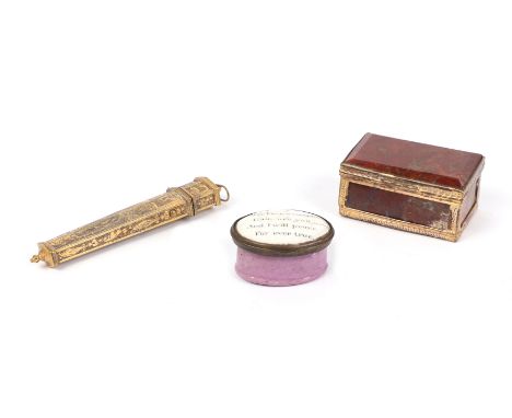 An early 19th century gilt metal mounted figured red hardstone box, 5.5cms wide; together with a gilt metal etui case (hinge 