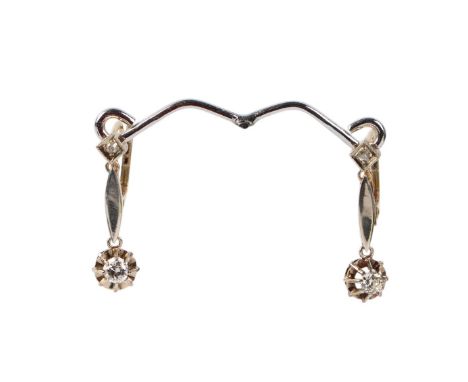 A pair of yellow metal (tests as 18ct) diamond drop earrings, 3.4g.