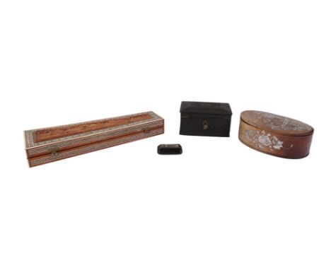 A Chinese hardwood oval box and cover inlaid with mother of pearl depicting figures in a landscape, 20cms wide (a/f); togethe