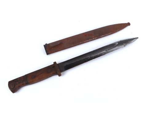 A WWII bayonet in steel scabbard, 40cms long.Condition ReportThere are no marks.