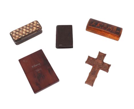 An Irish Killarney Lakes yew wood visiting card case; together with a burr wood snuff box, the top decorated with a tavern sc