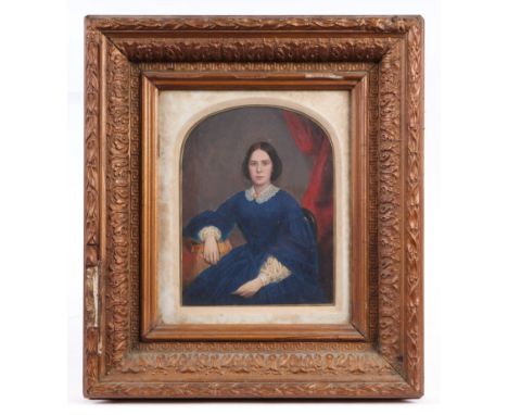 Victorian school - Portrait of a Young Lady Wearing a Blue Dress - overpainted print, framed & glazed, 15 by 19cms.