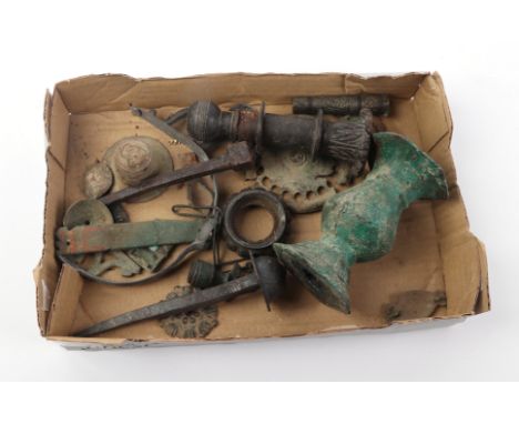 A small collection of metal detectorists type finds to include a bronze vessel.  Provenance:  From the collection of Frederic