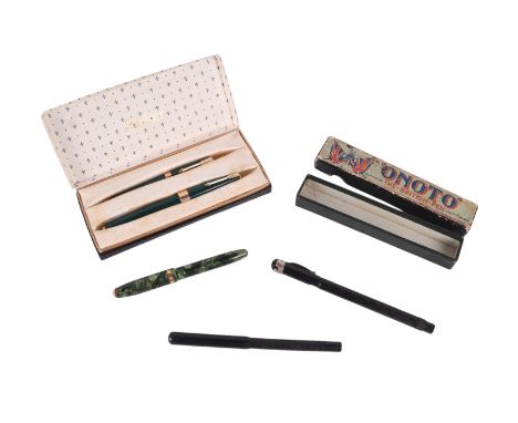A boxed Parker 17 fountain pen and ballpoint pen set; together with a Onoto pen; an Ideal pen and a Conway Stewart 84 fountai