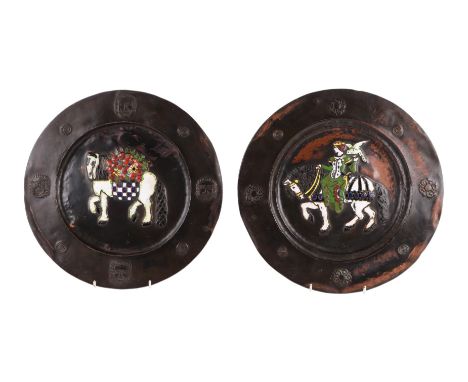 A matched pair of Russian beaten copper and polychrome enamel dishes decorated with a princess riding side saddle and holding