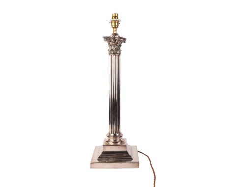 A large silver plated Corinthian column table lamp on square stepped base, 48cms high excluding fitment.Condition ReportIt ha