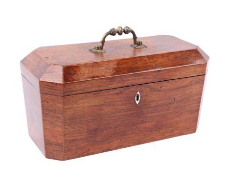 An early 19th century rosewood three-division tea caddy, 35cms wide.Condition ReportIt is missing one of the internal caddies