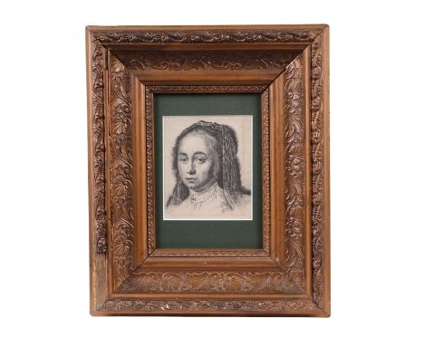 After Ferdinand Bol (Dutch 1616-1680) - A Woman Wearing a Headdress - etching, 8.5 by 10cms, framed & glazed.