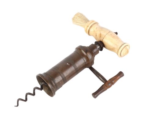 A Thomason type brass barrel King Screw mechanical corkscrew with applied Coat of Arms Patent badge with turned bone handle w