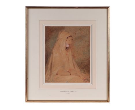 Manner of Gilbert Stuart Newton RA (1784-1835) - a half length portrait of a young lady wearing a headdress, watercolour, 19 