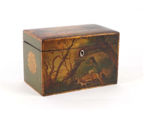 A Regency green ground painted papier-mâché tea caddy decorated with huntsmen and dogs on a shoot, 19cms wide.
