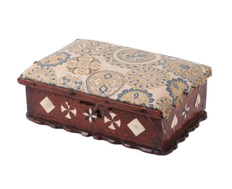 An early 18th century mahogany box inlaid with bone and ebony, playing card suits with upholstered lid inscribed to the insid