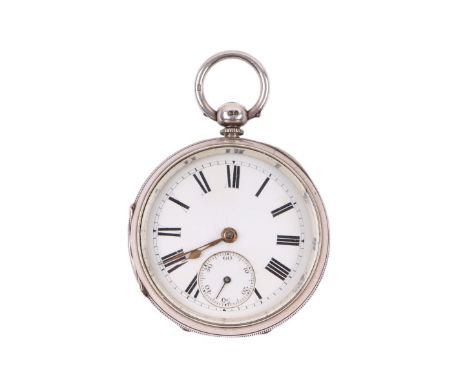 A silver cased open faced pocket watch, the white enamel dial with Roman numerals and subsidiary seconds dial, the fusee move