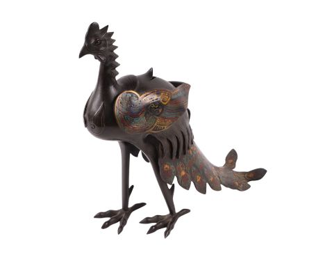 A bronze and cloisonné enamel incense burner and cover in the form of a peacock / Hoho bird, 28cms high.