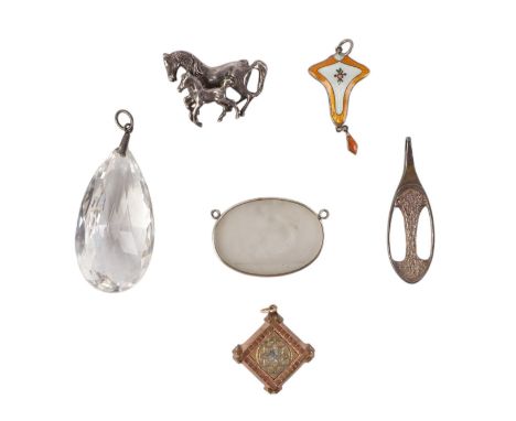 A silver and enamel pendant; together with a silver horse and foal brooch; and other pendants (6).