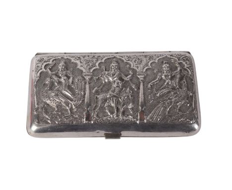 A Burmese silver and embossed cigar case with traditional scenes, 13cms wide, 55g.