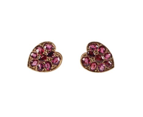 A pair of Victorian 9ct gold heart shaped ruby set screw-back earrings, 2g.
