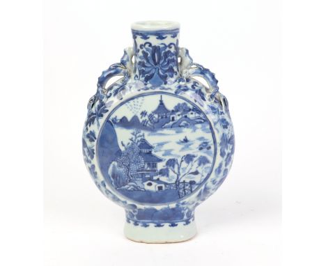 A Chinese blue & white moon flask decorated with a river landscape scene, 22cms high.Condition ReportGood condition