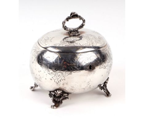 A 19th century Austro-Hungarian silver tea caddy of oval globular form, raised on scroll feet with gilded interior, 13cms wid