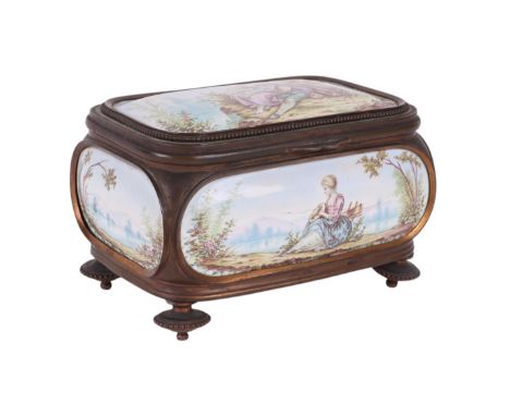 A 19th century French Limoges enamel casket with a romantic scene to the top and landscape scenes to the other panels, with c