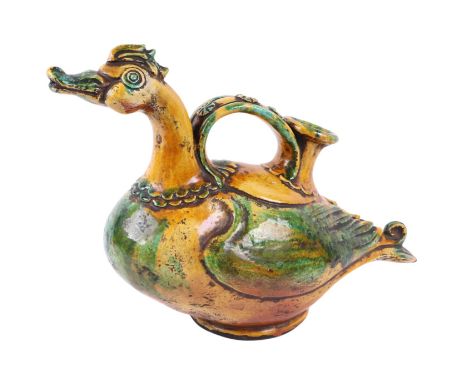A large Chinese glazed water pitcher in the form of a duck, 49cms long.