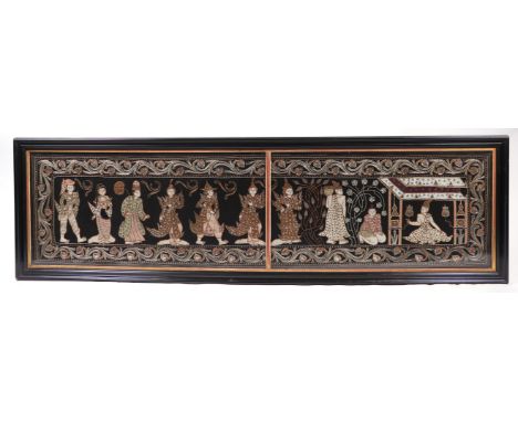 An Asian / Thai bullion wire embroidered panel depicting figures in a procession, framed & glazed, 174 by 45cms.