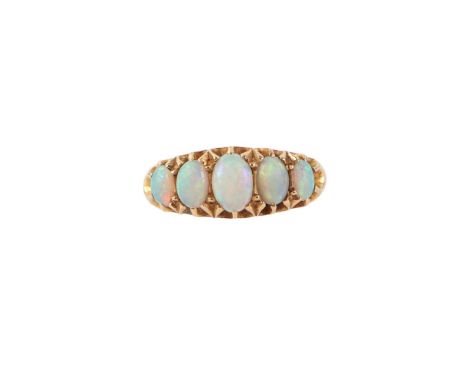 An 18ct gold five-stone opal ring, approx UK size Q, 5.6g.