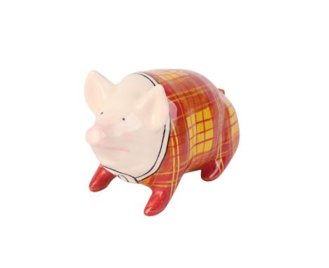 A C Griselda Hill Pottery Wemyss pottery pig wearing a tartan coat, signed, 16cms long.