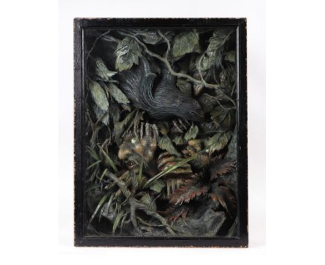 A vintage papier-mâché Gothic Nightmare Fantasy diorama, three goblins emerging from deep undergrowth with a crow and a spide