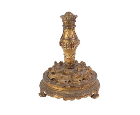 An 18th century Chinese gilt bronze incense or joss stick holder, possibly Imperial Palace Workshops, finely cast bronze base