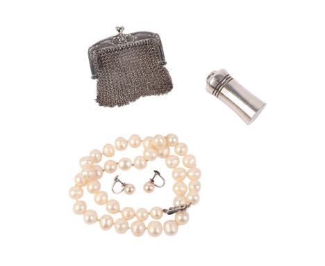 A sterling silver miniature mesh coin purse with faux pearl earrings and necklace and a miniature silver plated pepperette (4