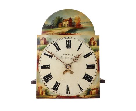 A 19th century 30-hour longcase clock movement, the arched painted dial with Roman numerals, signed 'Evans Wirksworth', 33 by