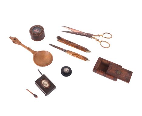 An 18th / 19th century mahogany book form snuff box; together with a Bakelite vesta case with inset photograph of Robert Bade