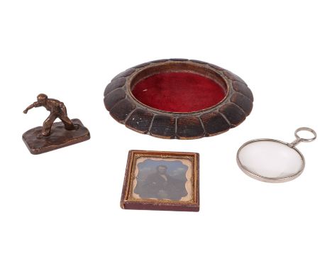 A 19th century oak wine bottle coaster; together with a tortoiseshell and sequinned fan by Duvelleroy, boxed; a banded tea ca