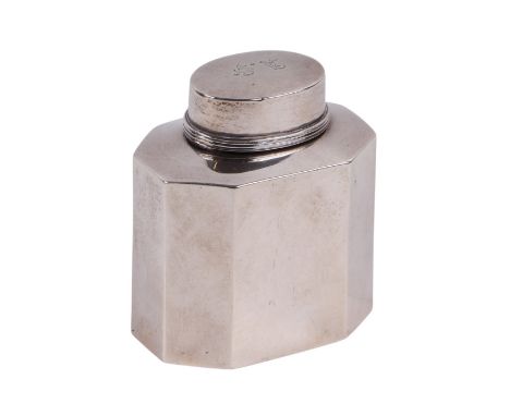 A silver tea caddy of octagonal form, the cover initialled 'AS', 8cms high, 107g.