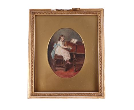 Late 19th century school - Portrait of a Young Girl Seated at a Piano - watercolour, 12 by 16cms, framed & glazed.