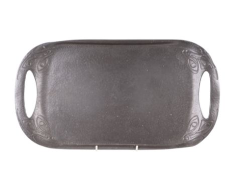 A Tudric Arts & Crafts pewter twin-handled tray designed by Archibald Knox, 46cms wide.