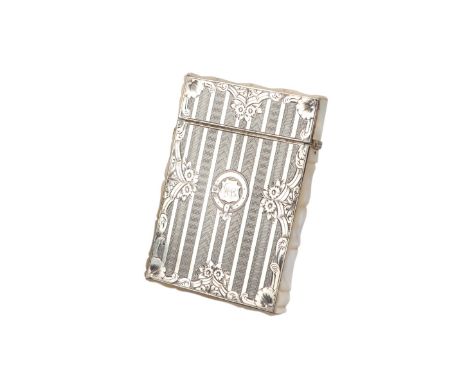 A Victorian white metal and mother of pearl visiting card case with fine engine turned decoration, 7 by 10cms.