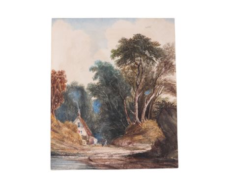 After John Constable - Woodland Scene with Central Cottage - signed lower left, watercolour, mounted but unframed, 19 by 23cm