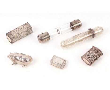A Georgian silver vinaigrette, marks rubbed; together with a silver box in the form of a pig, 5cms long, marks rubbed; a fili