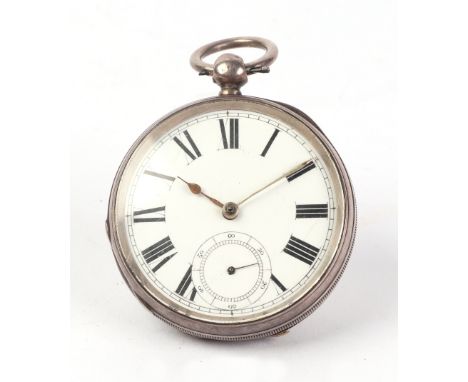 A silver cased open faced pocket watch, the white enamel dial with Roman numerals and subsidiary seconds dial.