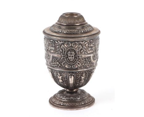 A Victorian silver plated lamp base decorated in relief with masks, animals and flowers, 14cms high.