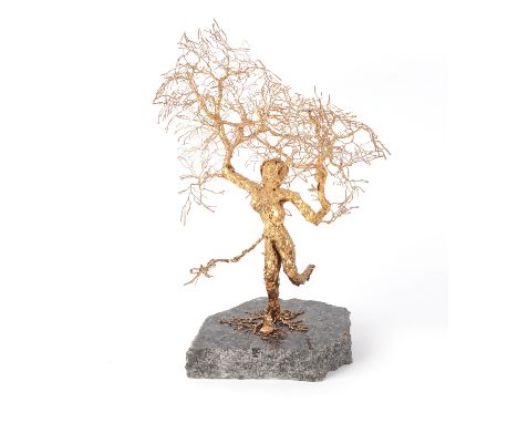 Patrick Drinkwater (1937-2024) - A golden tree sculpture, the trunk in female form with her arms being branches, on granite b