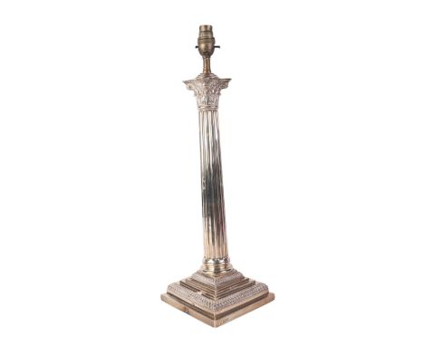 A late Victorian silver Corinthian column table lamp on a square stepped base, Sheffield 1893 and makers mark for Goldsmiths 