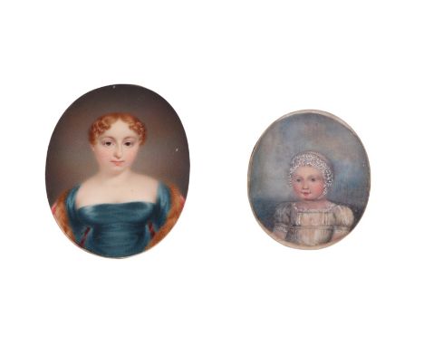 A Regency portrait miniature on ivory depicting a young girl wearing a headdress, 5.5 by 6.5cms.  Ivory submission reference 