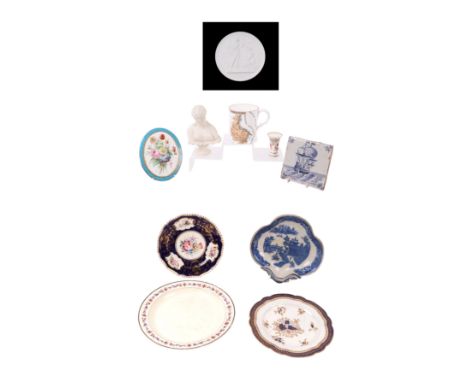 A Royal Copenhagen Parian plaque depicting classical figures, 14cms diameter; together with a Parian bust of Clytie, 15cms hi